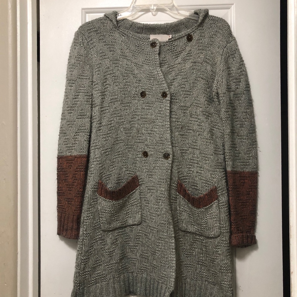 Yoon Long Open-Front Cardigan Sweater in Light Gray with Rust Accents Size Small - Picture 2 of 8